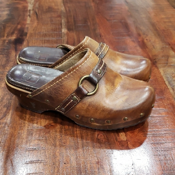 Brown Leather Frye Clogs with Buckle Detail - Picture 1 of 7